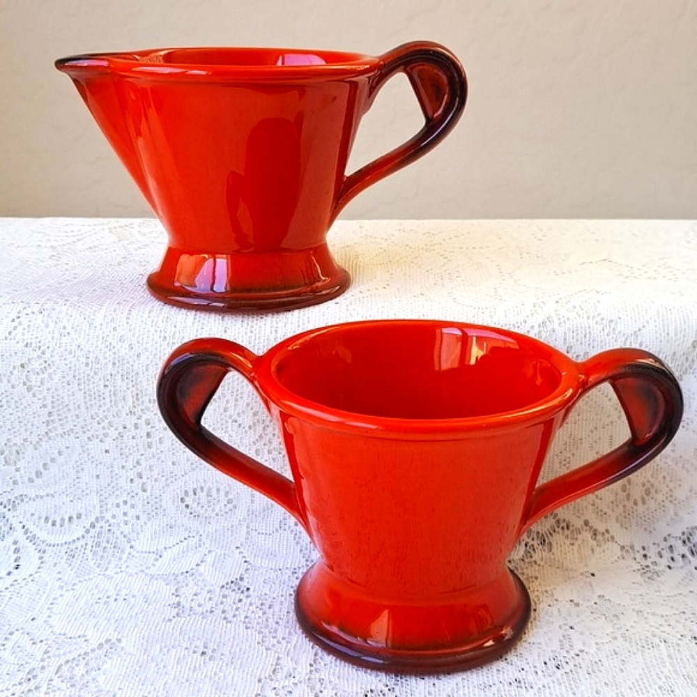 Vintage Metlox Poppytrail Red Rooster Sugar Bowl & Creamer Set Farmhouse MCM